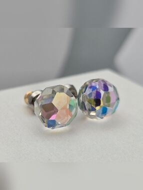 Aurora Borealis Crystal Ball Stud Earrings 3/8" Iridescent Swarovski Style New